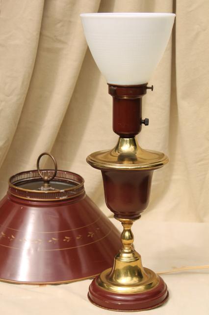 60s 70s vintage tole table lamp w/ metal shade, burgundy red wine
