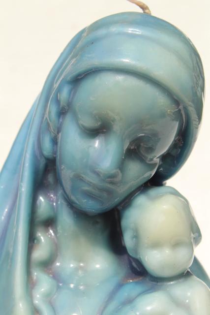 60s 70s vintage wax candle sculpture, large blue Madonna & Child retro Christmas candle