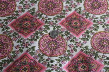 60s hippie vintage cotton fabric w/ flowers mandala print in pink green gold