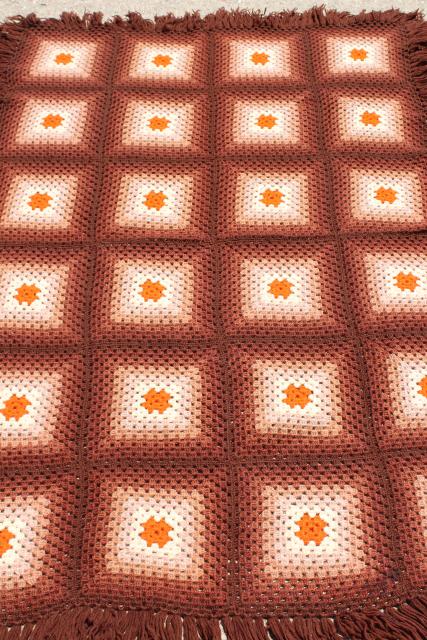 60s hippie vintage fringed granny square afghan, crochet wool blanket ombre shaded browns