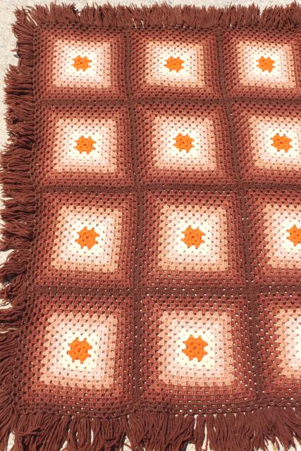 60s hippie vintage fringed granny square afghan, crochet wool blanket ombre shaded browns