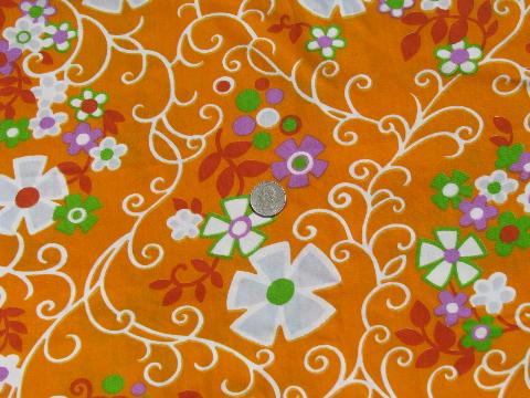 60s mod flower power print on tangerine orange, retro vintage fabric