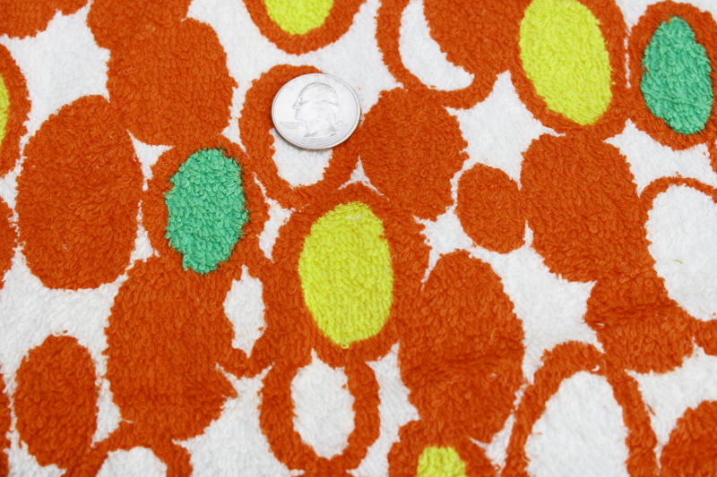 60s mod print cotton terrycloth towel fabric never used, abstract circles dots orange, yellow, lime green