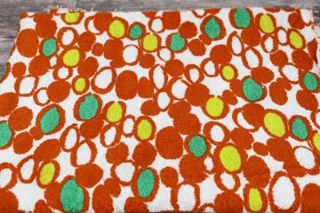 60s mod print cotton terrycloth towel fabric never used, abstract circles dots orange, yellow, lime green