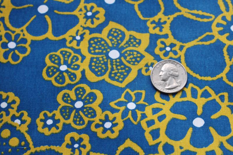 60s mod vintage cotton fabric, large flowers print mustard gold on teal blue