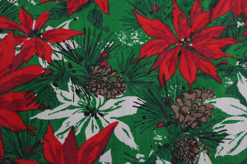 60s vintage Christmas poinsettia print cotton fabric, large tablecloth