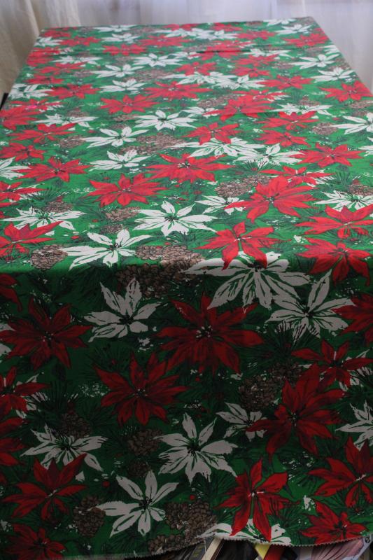60s vintage Christmas poinsettia print cotton fabric, large tablecloth