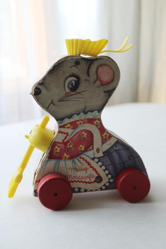 60s vintage Fisher Price Merry Mousewife, wood pull toy mouse w/ plastic broom