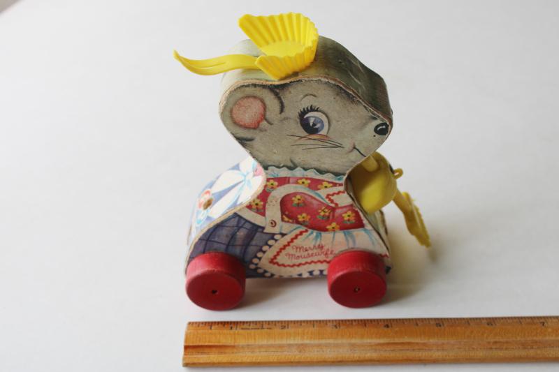 60s vintage Fisher Price Merry Mousewife, wood pull toy mouse w/ plastic broom
