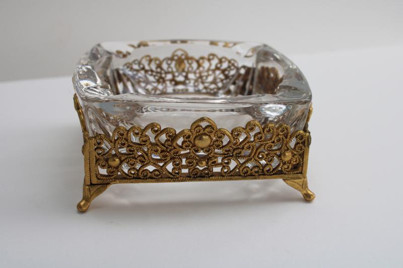60s vintage Hollywood regency ashtray, gold metal filigree stand with glass insert