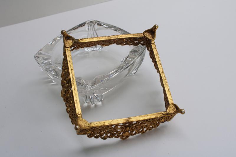 60s vintage Hollywood regency ashtray, gold metal filigree stand with glass insert