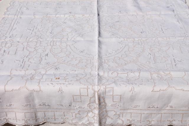 60s vintage Madeira or Italian hand embroidered hemstitched linen tablecloth & napkins