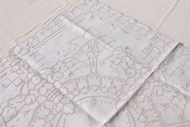 60s vintage Madeira or Italian hand embroidered hemstitched linen tablecloth & napkins