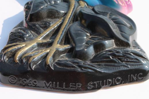 60s vintage Miller Studios chalkware wall plaques, pair of birds w/ vibrant plumage