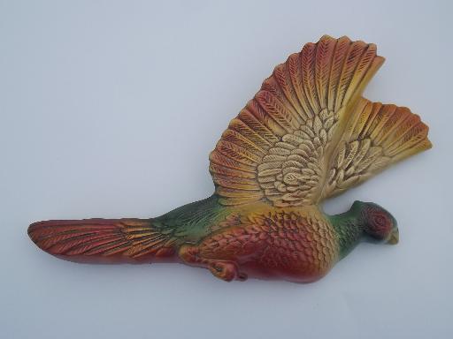 60s vintage Miller chalkware wall plaques, pheasants for cabin or camp