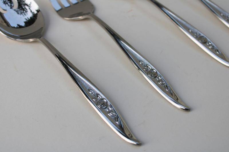 60s vintage One Rose Reed & Barton stainless flatware completer set serving pieces