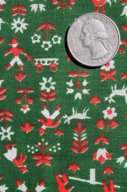 60s vintage Scandinavian style folk print cotton fabric, people & animals in pine green & red