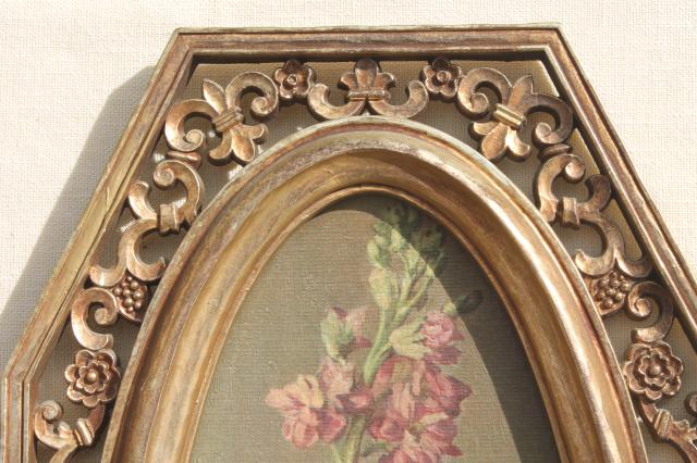 60s vintage Syroco florentine gold frames w/ floral art prints, Italian villa wall plaques