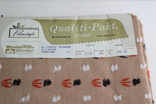 60s vintage Woolworths fabric, woven tufted tulips Early American rustic primitive style
