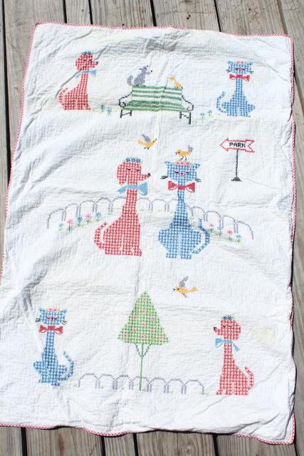 60s vintage baby quilt, hand stitched cross stitch embroidery, retro dogs & cats in hats