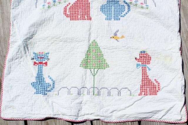 60s vintage baby quilt, hand stitched cross stitch embroidery, retro dogs & cats in hats