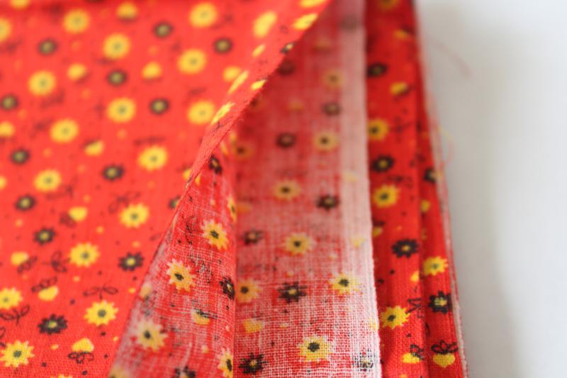 60s vintage calico print cotton fabric, warm red, golden yellow, black