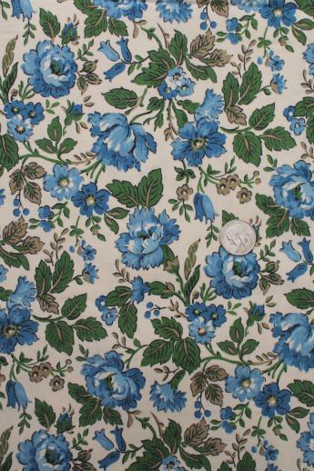 60s vintage cotton duck fabric, retro flowered print blue & green flowers on natural cotton