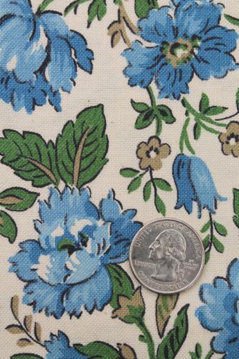 60s vintage cotton duck fabric, retro flowered print blue & green flowers on natural cotton