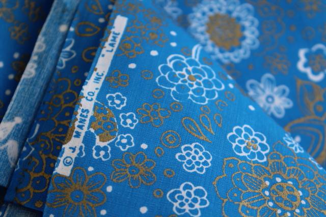 60s vintage cotton fabric, deep blue / metallic gold bohemian floral, J Manes print