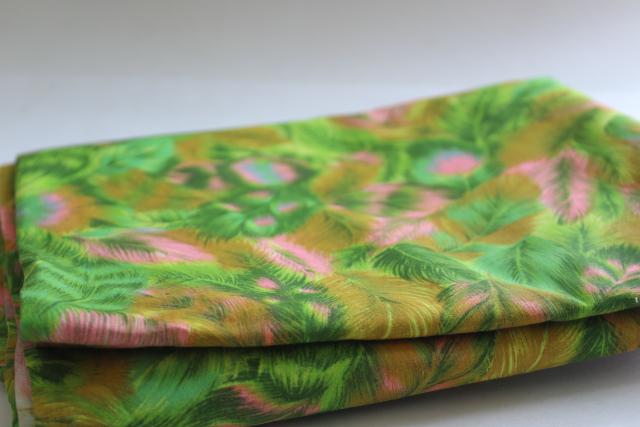 60s vintage cotton fabric, feather plumes print in shocking pink, green, gold