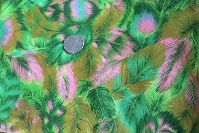 60s vintage cotton fabric, feather plumes print in shocking pink, green, gold