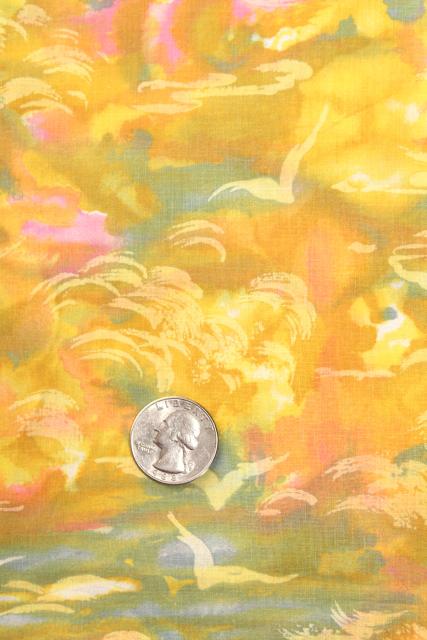 60s vintage cotton fabric, golden sunset abstract print, blue water, pink clouds