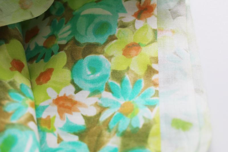 60s vintage cotton fabric, watercolor floral print aqua & yellow green, olive