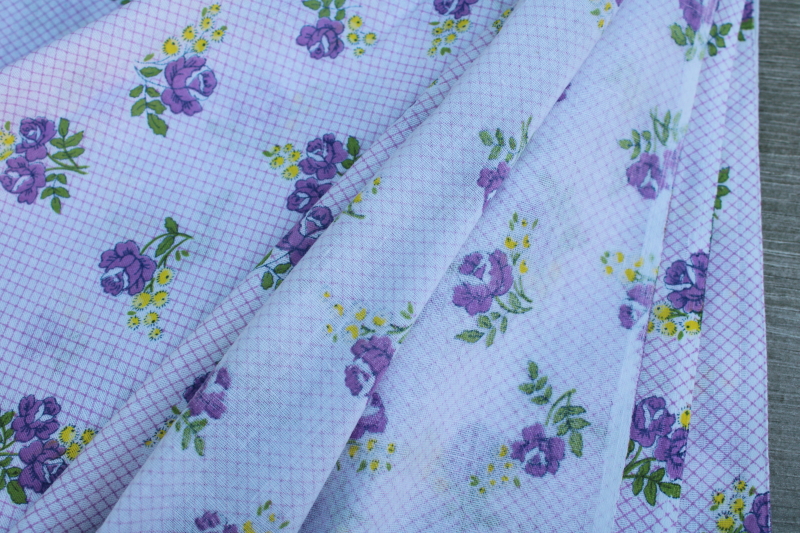 60s vintage cotton or poly blend fabric, purple  yellow floral retro granny chic