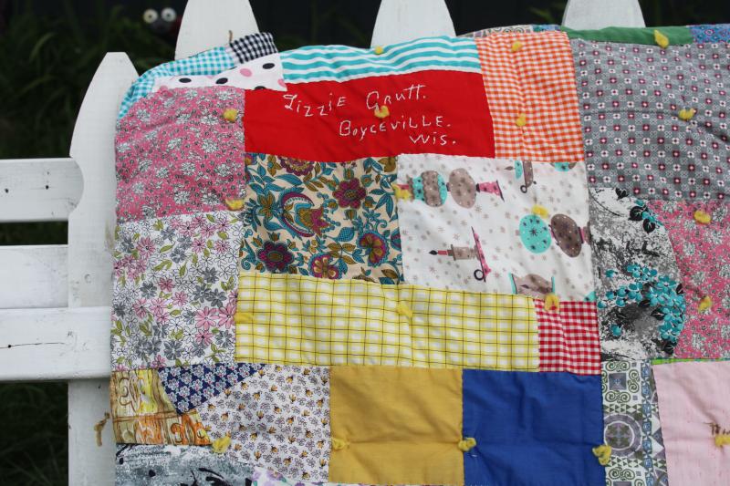60s vintage crazy quilt patchwork friendship quilt, bright colors print cotton fabrics