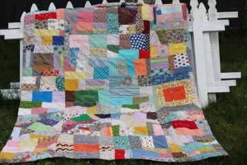 60s vintage crazy quilt patchwork friendship quilt, bright colors print cotton fabrics