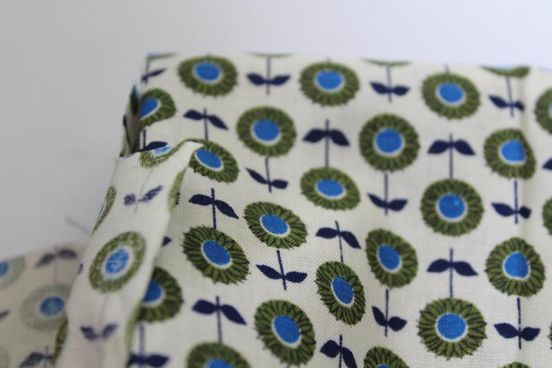 60s vintage daisy or sunflower print fabric, retro blue & green flowers