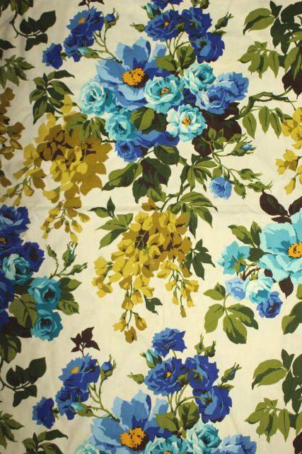 60s vintage decorator fabric sample, cotton w/ floral print green gold & blue