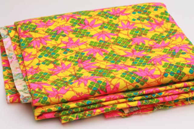 60s vintage fabric, Lilly style tropical flowers in shocking pink, green, bright yellow