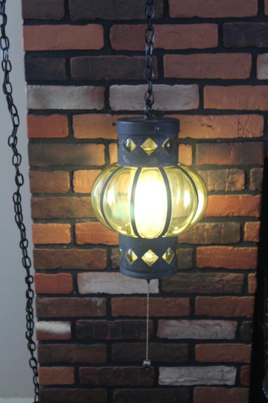 60s vintage hanging light pendant, green glass lantern w/ black iron chain swag lamp