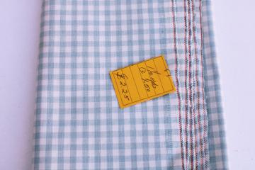 60s vintage heavy cotton canvas fabric woven checked gingham pale blue  ivory white
