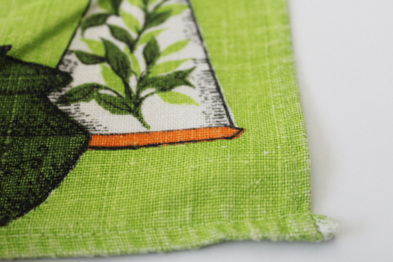 60s vintage linen tea towel, kitchenware print retro colors on lime green