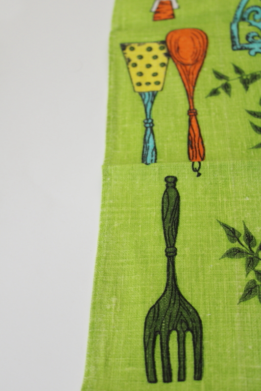 60s vintage linen tea towel, kitchenware print retro colors on lime green