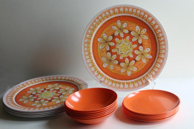 60s vintage melmac dishes, hippie mandala coral orange print melamine dinnerware set