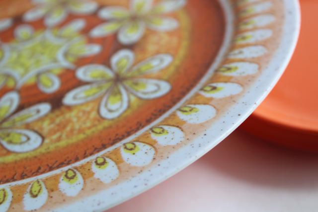 60s vintage melmac dishes, hippie mandala coral orange print melamine dinnerware set