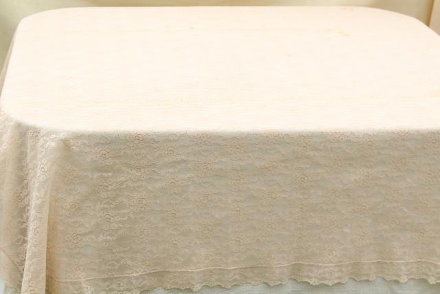 60s vintage nylon lace cloth, banquet size tablecloth, deep ivory or ecru lace
