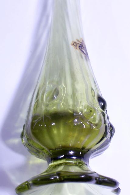 60s vintage original label Fenton rose swung shape bud vase in green glass 