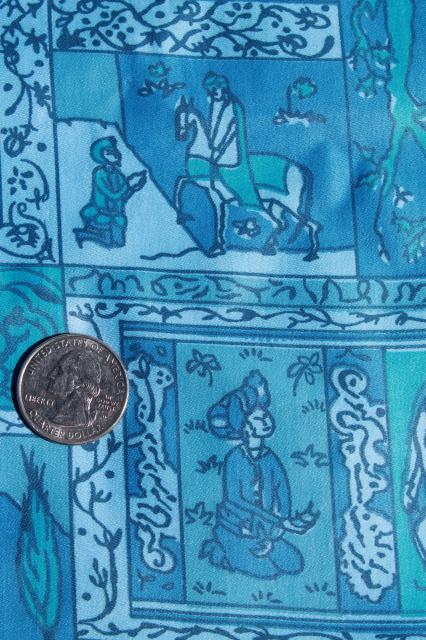 60s vintage polished cotton fabric, mod fairy tale scenes from Arabian Nights