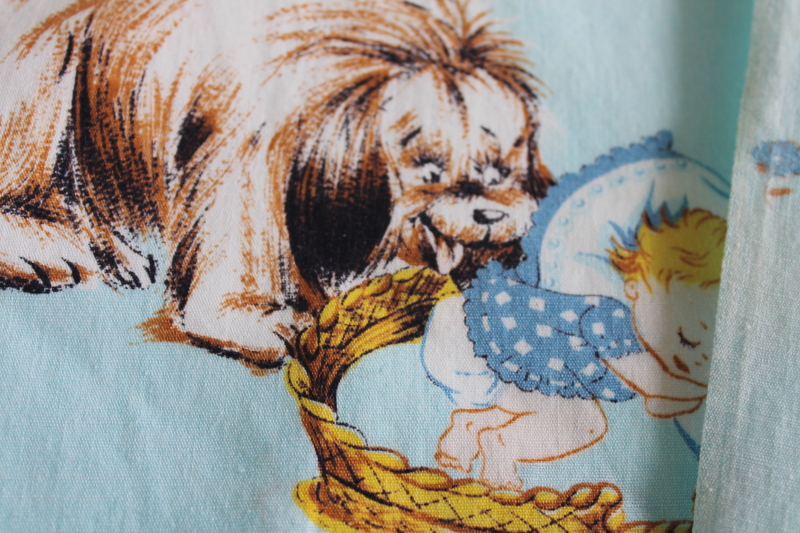 60s vintage print cotton fabric cute babies w/ kitties, puppies, shaggy dog