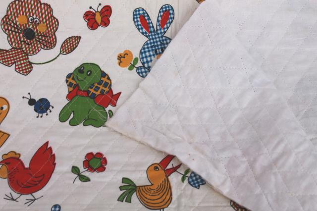 60s vintage quilted cotton fabric remnant, calico animals novelty children's print